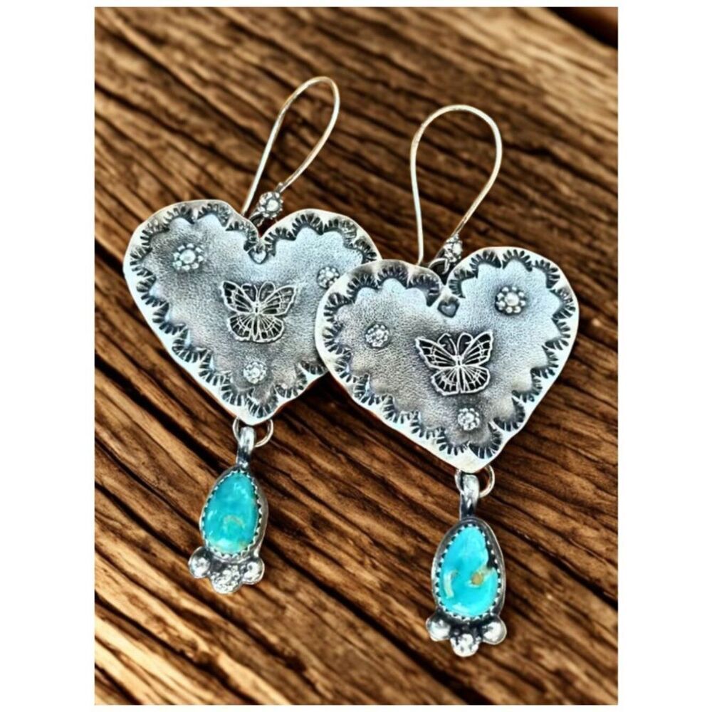 Artisan Bohemian Butterfly & Hearts Earrings Turquoise Stones Silver Tone Dangle